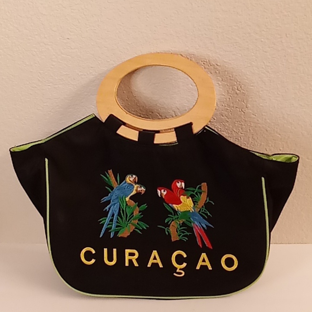 CURACAO Beachy Travel bag black color and embroidery multi colors birds
